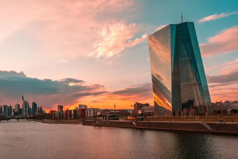 The European Central Bank tower in Frankfurt at sunset