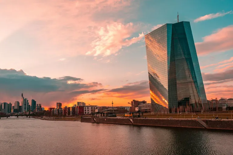 The European Central Bank tower in Frankfurt at sunset
