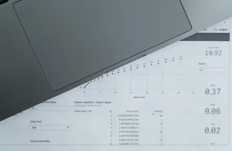 Top-down view of analytical data sheets and a laptop on a desk